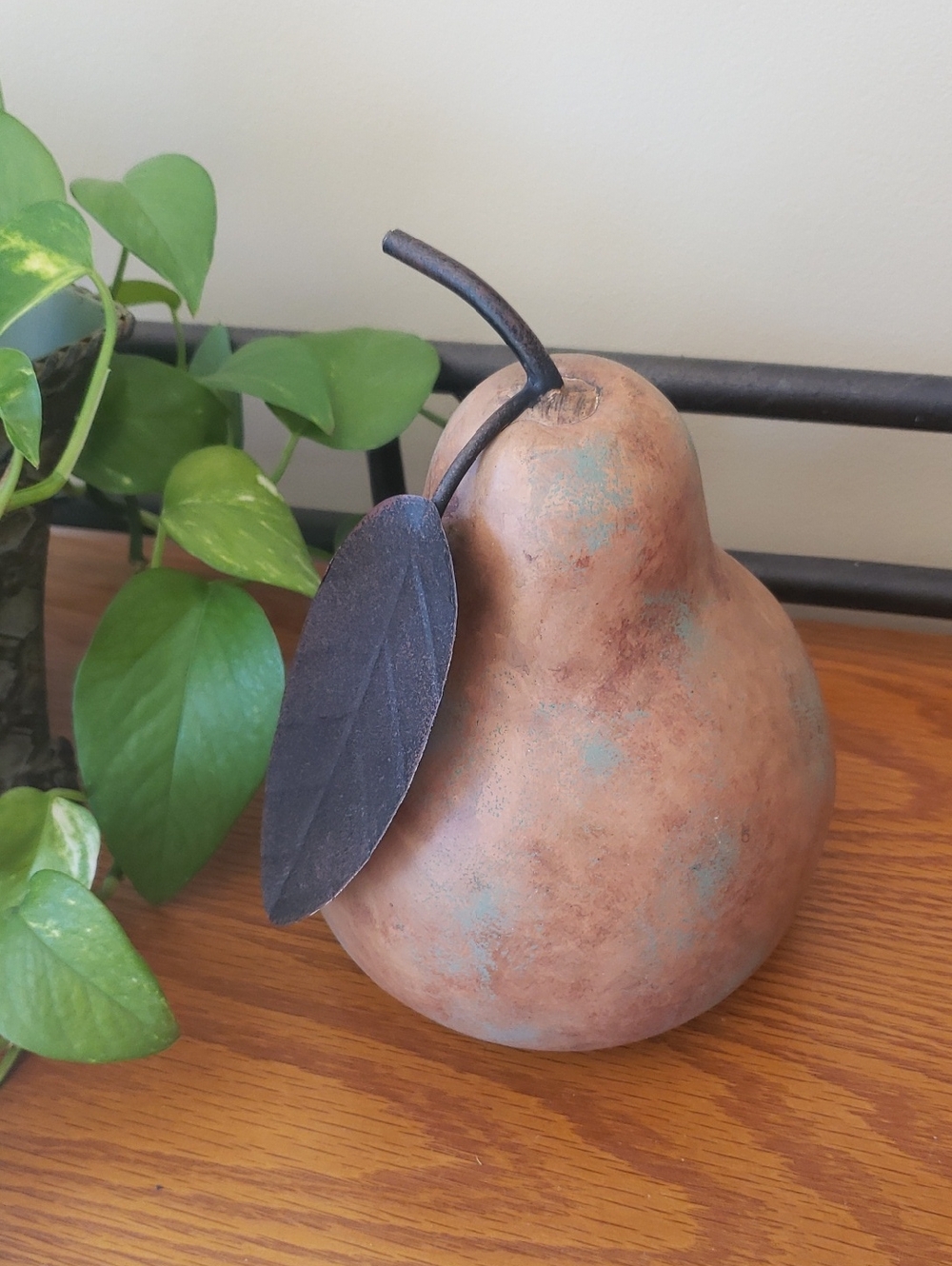 Decorative Rustic Metal Pear Sculpture -Earth Tones w/ Dark Brown Leaf- 8 1/2" H